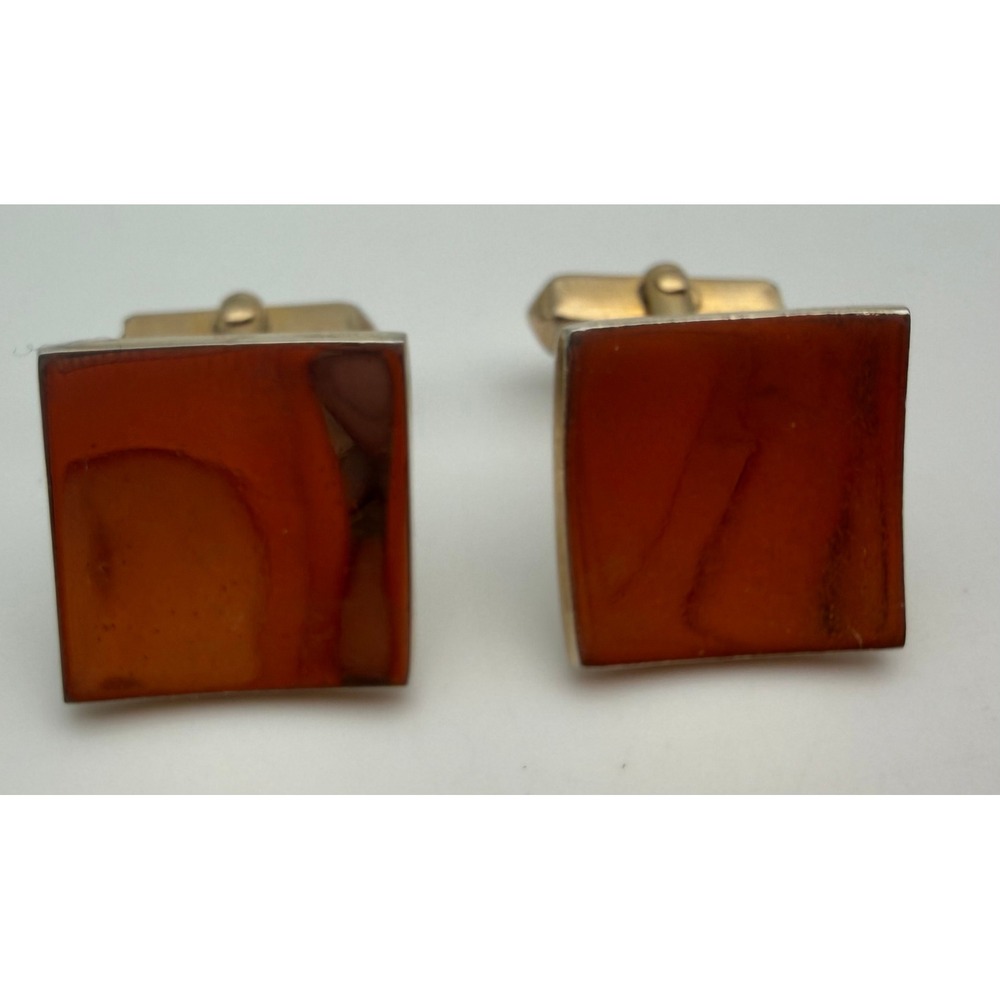 Vintage Swank Gold Tone Curved Square Amber Stone Inlay Cufflinks Mens Jewelry - Picture 2 of 9